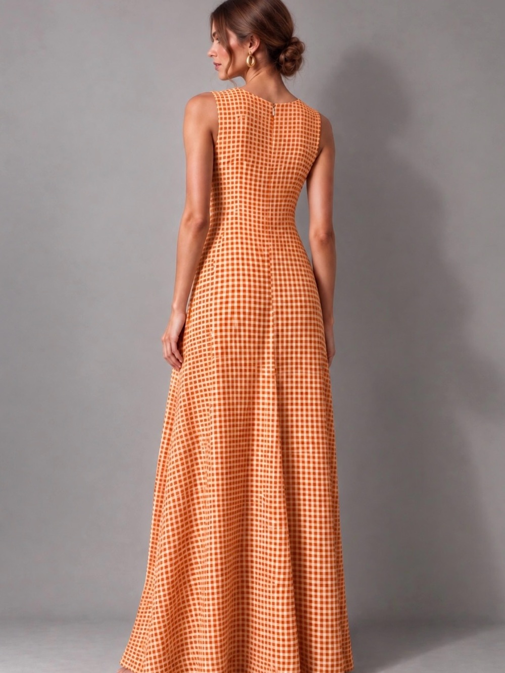 Club Monaco Orange Gingham V-Neck A-Line Maxi Dress Size 8 - Picture 8 of 13